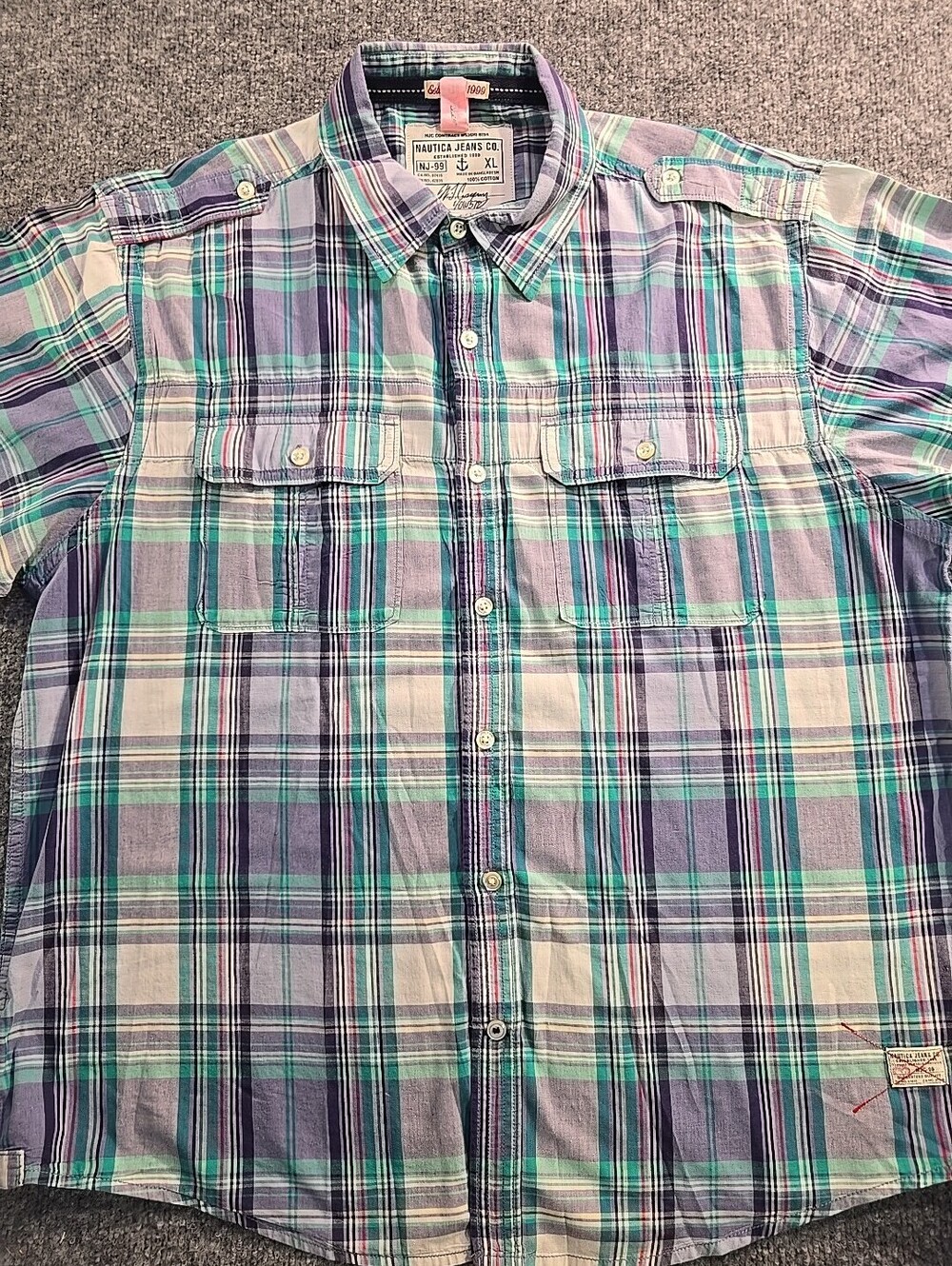 Nautica Jeans Co NJ-99 Mens Red Blue Teal Plaid Collared Button Shirt Sz Xl VGC